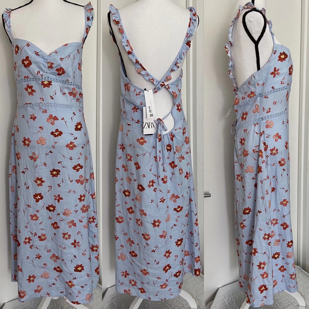 Zara Printed Linen Blend Ruffled Straps Dress Size Large